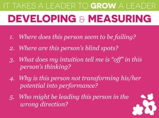 IT TAKES A LEADER TO GROW A LEADER
DEVELOPING & MEASURING
1.  Where does this person seem to be failing?
2.  Where are this person’s blind spots?
3.  What does my intuition tell me is “off” in this
person’s thinking?
4.  Why is this person not transforming his/her
potential into performance?
5.  Who might be leading this person in the
wrong direction?
 