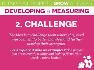 IT TAKES A LEADER TO GROW A LEADER
DEVELOPING & MEASURING
The idea is to challenge them where they need
improvement to better manifest and further
develop their strengths.
Let’s explore it with an example: Pick a person
you are currently leading and looking forward to
develop into a leader…
2. CHALLENGE
 