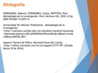 HERNANDEZ, Roberto, FERNANDEZ, Carlos, BAPTISTA, Pilar.
Metodología de la Investigación. Perú: McGraw Hill, 2010. 613p.
ISBN 978-607-15-0291-9.
Universidad Tec Milenio: Profesional – Metodología de la
investigación.
<http://claroline.ucaribe.edu.mx/claroline/claroline/backends
/download.php?url=L0FwdW50ZXMvMTAucGRm&cidReset=true&
cidReq=GA0102_001>
Soporte Técnico De Office. Microsoft Excel [En Línea].
<http://office.microsoft.com/es-es/support/?CTT=97> [Citado
Marzo 10 de 2014].
 
