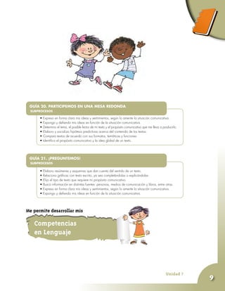 Unidad 7
9
•	
•	Expreso en forma clara mis ideas y sentimientos, según lo amerite la situación comunicativa.
•	Expongo y defiendo mis ideas en función de la situación comunicativa.
•	Determino el tema, el posible lector de mi texto y el propósito comunicativo que me lleva a producirlo.
•	Elaboro y socializo hipótesis predictivas acerca del contenido de los textos.
•	Comparo textos de acuerdo con sus formatos, temáticas y funciones.
•	Identifico el propósito comunicativo y la idea global de un texto.
GUÍA 20. PARTICIPEMOS EN UNA MESA REDONDA
SUBPROCESOS
•	
•	Elaboro resúmenes y esquemas que dan cuenta del sentido de un texto.
•	Relaciono gráficas con texto escrito, ya sea completándolas o explicándolas.
•	Elijo el tipo de texto que requiere mi propósito comunicativo.
•	Busco información en distintas fuentes: personas, medios de comunicación y libros, entre otras.
•	Expreso en forma clara mis ideas y sentimientos, según lo amerite la situación comunicativa.
•	Expongo y defiendo mis ideas en función de la situación comunicativa.
GUÍA 21. ¡PREGUNTEMOS!
SUBPROCESOS
Competencias
en Lenguaje
Me permite desarrollar mis
 