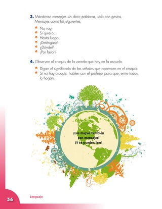 Lenguaje
36
3. Mándense mensajes sin decir palabras, sólo con gestos.
Mensajes como los siguientes:
	 No voy.
	 Sí quiero.
	 Hasta luego.
	¡Deténgase!
	¿Dónde?
	 ¡Por favor!
4. Observen el croquis de la vereda que hay en la escuela.
	 Digan el significado de las señales que aparecen en el croquis.
	 Si no hay croquis, hablen con el profesor para que, entre todos,
lo hagan.
¡Los mapas también
son mensajes!
¡Y se pueden leer!
 