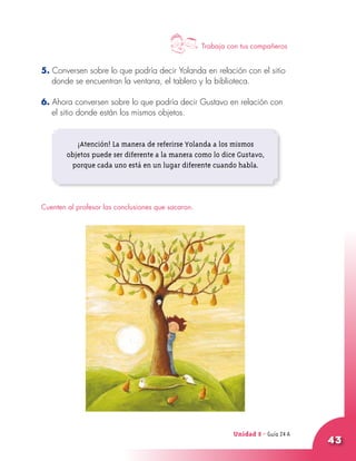 Unidad 8 - Guía 22 A
43
5. Conversen sobre lo que podría decir Yolanda en relación con el sitio
donde se encuentran la ventana, el tablero y la biblioteca.
6. Ahora conversen sobre lo que podría decir Gustavo en relación con
el sitio donde están los mismos objetos.
¡Atención! La manera de referirse Yolanda a los mismos
objetos puede ser diferente a la manera como lo dice Gustavo,
porque cada uno está en un lugar diferente cuando habla.
Cuenten al profesor las conclusiones que sacaron.
Unidad 8 - Guía 24 A
Trabaja con tus compañeros
 
