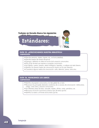Lenguaje
48
•	
•	Identifico el propósito comunicativo y la idea global de un texto.
•	Reconozco los principales elementos constitutivos de un proceso de comunicación: interlocutores,
código, canal, texto y situación comunicativa.
•	Leo diferentes clases de textos: manuales, tarjetas, afiches, cartas, periódicos, etc.
•	Reconozco la función social de los diversos tipos de textos que leo.
•	Identifico la silueta o el formato de los textos que leo.
GUÍA 26. MANEJEMOS LOS LIBROS
SUBPROCESOS
•	
•	Describo personas, objetos, lugares, etc., en forma detallada.
•	Describo eventos de manera secuencial.
•	Expongo y defiendo mis ideas en función de la situación comunicativa.
•	Elijo el tipo de texto que requiere mi propósito comunicativo.
•	Leo fábulas, cuentos, poemas, relatos mitológicos, leyendas, o cualquier otro texto literario.
•	Identifico los diversos medios de comunicación masiva con los que interactúo.
•	Caracterizo algunos medios de comunicación: radio, televisión, prensa, entre otros.
GUÍA 25. ¡APROVECHEMOS NUESTRA BIBLIOTECA!
SUBPROCESOS
Estándares:
Trabajar en Escuela Nueva los siguientes
 