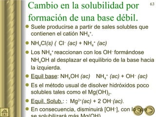 Cambio en la solubilidad por formación de una base débil . Suele producirse a partir de sales solubles que contienen el catión NH 4 + .  NH 4 Cl (s)    Cl    (ac)  + NH 4 +   (ac)   Los NH 4 +  reaccionan con los OH    formándose NH 4 OH al desplazar el equilibrio de la base hacia la izquierda. Equil base : NH 4 OH  (ac)     NH 4 +   (ac)  + OH    (ac) Es el método usual de disolver hidróxidos poco solubles tales como el Mg(OH) 2 . Equil. Solub. :    Mg 2+ (ac)  + 2 OH  (ac).   En consecuencia, disminuirá [OH  ], con lo que se solubilizará más Mg(OH) 2 . 