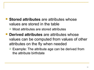 11
 Stored attributes are attributes whose
values are stored in the table
 Most attributes are stored attributes
 Derived attributes are attributes whose
values can be computed from values of other
attributes on the fly when needed
 Example: The attribute age can be derived from
the attribute birthdate
 