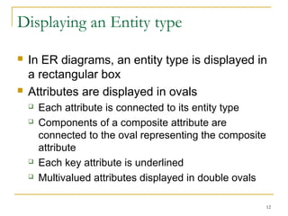 12
Displaying an Entity type
 In ER diagrams, an entity type is displayed in
a rectangular box
 Attributes are displayed in ovals
 Each attribute is connected to its entity type
 Components of a composite attribute are
connected to the oval representing the composite
attribute
 Each key attribute is underlined
 Multivalued attributes displayed in double ovals
 