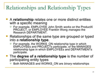 20
Relationships and Relationship Types
 A relationship relates one or more distinct entities
with a specific meaning
 For example, EMPLOYEE John Smith works on the ProductX
PROJECT, or EMPLOYEE Franklin Wong manages the
Research DEPARTMENT.
 Relationships of the same type are grouped or typed
into a relationship type.
 For example, the WORKS_ON relationship type in which
EMPLOYEEs and PROJECTs participate, or the MANAGES
relationship type in which EMPLOYEEs and DEPARTMENTs
participate.
 The degree of a relationship type is the number of
participating entity types
 Both MANAGES and WORKS_ON are binary relationships
 