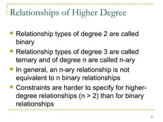 41
Relationships of Higher Degree
 Relationship types of degree 2 are called
binary
 Relationship types of degree 3 are called
ternary and of degree n are called n-ary
 In general, an n-ary relationship is not
equivalent to n binary relationships
 Constraints are harder to specify for higher-
degree relationships (n > 2) than for binary
relationships
 