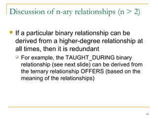 44
Discussion of n-ary relationships (n > 2)
 If a particular binary relationship can be
derived from a higher-degree relationship at
all times, then it is redundant
 For example, the TAUGHT_DURING binary
relationship (see next slide) can be derived from
the ternary relationship OFFERS (based on the
meaning of the relationships)
 