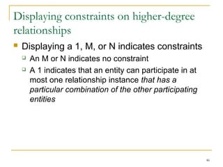 46
Displaying constraints on higher-degree
relationships
 Displaying a 1, M, or N indicates constraints
 An M or N indicates no constraint
 A 1 indicates that an entity can participate in at
most one relationship instance that has a
particular combination of the other participating
entities
 