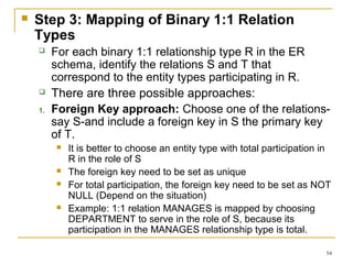 54
 Step 3: Mapping of Binary 1:1 Relation
Types
 For each binary 1:1 relationship type R in the ER
schema, identify the relations S and T that
correspond to the entity types participating in R.
 There are three possible approaches:
1. Foreign Key approach: Choose one of the relations-
say S-and include a foreign key in S the primary key
of T.
 It is better to choose an entity type with total participation in
R in the role of S
 The foreign key need to be set as unique
 For total participation, the foreign key need to be set as NOT
NULL (Depend on the situation)
 Example: 1:1 relation MANAGES is mapped by choosing
DEPARTMENT to serve in the role of S, because its
participation in the MANAGES relationship type is total.
 