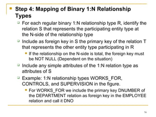 56
 Step 4: Mapping of Binary 1:N Relationship
Types
 For each regular binary 1:N relationship type R, identify the
relation S that represents the participating entity type at
the N-side of the relationship type
 Include as foreign key in S the primary key of the relation T
that represents the other entity type participating in R
 If the relationship on the N-side is total, the foreign key must
be NOT NULL (Dependent on the situation)
 Include any simple attributes of the 1:N relation type as
attributes of S
 Example: 1:N relationship types WORKS_FOR,
CONTROLS, and SUPERVISION in the figure.
 For WORKS_FOR we include the primary key DNUMBER of
the DEPARTMENT relation as foreign key in the EMPLOYEE
relation and call it DNO
 