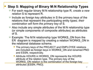 57
 Step 5: Mapping of Binary M:N Relationship Types
 For each regular binary M:N relationship type R, create a new
relation S to represent R.
 Include as foreign key attributes in S the primary keys of the
relations that represent the participating entity types; their
combination will form the primary key of S.
 Also include any simple attributes of the M:N relationship type
(or simple components of composite attributes) as attributes
of S.
 Example: The M:N relationship type WORKS_ON from the
ER diagram is mapped by creating a relation WORKS_ON in
the relational database schema.
 The primary keys of the PROJECT and EMPLOYEE relations
are included as foreign keys in WORKS_ON and renamed PNO
and ESSN, respectively.
 Attribute HOURS in WORKS_ON represents the HOURS
attribute of the relation type. The primary key of the
WORKS_ON relation is the combination of the foreign key
attributes {ESSN, PNO}.
 