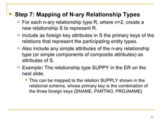 59
 Step 7: Mapping of N-ary Relationship Types
 For each n-ary relationship type R, where n>2, create a
new relationship S to represent R.
 Include as foreign key attributes in S the primary keys of the
relations that represent the participating entity types.
 Also include any simple attributes of the n-ary relationship
type (or simple components of composite attributes) as
attributes of S.
 Example: The relationship type SUPPY in the ER on the
next slide.
 This can be mapped to the relation SUPPLY shown in the
relational schema, whose primary key is the combination of
the three foreign keys {SNAME, PARTNO, PROJNAME}
 