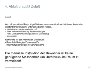 Minergie-ERFA Küchenabluft
4. Abluft braucht Zuluft
Zuluft
Wo Luft aus einem Raum abgeführt wird, muss auch Luft nachströmen. Ansonsten
entsteht Unterdruck mit unterschiedlichen Folgen.
- Nachströmen von verunreinigter Luft
- Stark verminderte Leistung des Dunstabzuges
- Hohe Geräuschentwicklung durch den Dunstabzug
- Unwohlsein
Richtwerte für den maximalen Unterdruck
- Raumluftabhängige Feuerung 4Pa
- Raumluftunabhängige Feuerungen 8Pa
Die manuelle Instruktion der Bewohner ist keine
genügende Massnahme um Unterdruck im Raum zu
vermeiden!
22
 