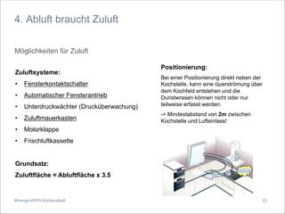 Minergie-ERFA Küchenabluft
4. Abluft braucht Zuluft
Möglichkeiten für Zuluft
Zuluftsysteme:
• Fensterkontaktschalter
• Automatischer Fensterantrieb
• Unterdruckwächter (Drucküberwachung)
• Zuluftmauerkasten
• Motorklappe
• Frischluftkassette
Grundsatz:
Zuluftfläche = Abluftfläche x 3.5
Positionierung:
Bei einer Positionierung direkt neben der
Kochstelle, kann eine Querströmung über
dem Kochfeld entstehen und die
Dunstwrasen können nicht oder nur
teilweise erfasst werden.
-> Mindestabstand von 2m zwischen
Kochstelle und Lufteinlass!
23
 
