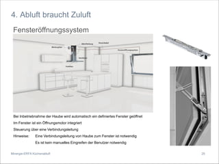 Minergie-ERFA Küchenabluft
4. Abluft braucht Zuluft
Fensteröffnungssystem
Bei Inbetriebnahme der Haube wird automatisch ein definiertes Fenster geöffnet
Im Fenster ist ein Öffnungsmotor integriert
Steuerung über eine Verbindungsleitung
Hinweise: Eine Verbindungsleitung von Haube zum Fenster ist notwendig
Es ist kein manuelles Eingreifen der Benutzer notwendig
25
 