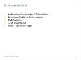Minergie-ERFA Küchenabluft
1. Aufbau eines Dunstabzuges & Filtertechniken
2. Luftleistung (Kubische Berechnungen)
3. Umluftsysteme
4. Abluft braucht Zuluft
5. Wand – und Insellösungen
Inhaltsverzeichnis
2
 