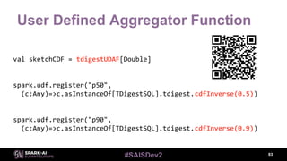 #SAISDev2
User Defined Aggregator Function
83
val sketchCDF = tdigestUDAF[Double]
spark.udf.register("p50",
(c:Any)=>c.asI...