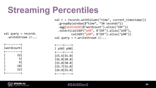 #SAISDev2
Streaming Percentiles
84
val query = records
.writeStream //...
+---------+
|wordcount|
+---------+
| 12|
| 5|
|...