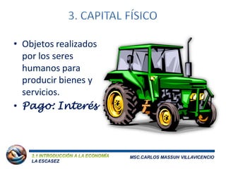 • Objetos realizados
  por los seres
  humanos para
  producir bienes y
  servicios.
• Pago: Interés



                       MSC.CARLOS MASSUH VILLAVICENCIO
    LA ESCASEZ
 