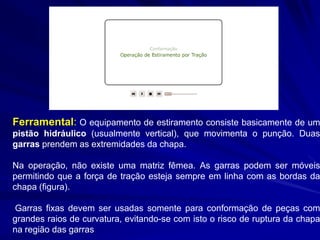 Ferramental: O equipamento de estiramento consiste basicamente de um pistão hidráulico (usualmente vertical), que movimenta o punção. Duas garras prendem as extremidades da chapa. 
Na operação, não existe uma matriz fêmea. As garras podem ser móveis permitindo que a força de tração esteja sempre em linha com as bordas da chapa (figura). 
Garras fixas devem ser usadas somente para conformação de peças com grandes raios de curvatura, evitando-se com isto o risco de ruptura da chapa na região das garras  