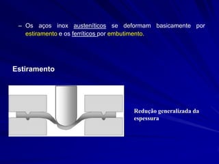 –Os aços inox austeníticos se deformam basicamente por estiramento e os ferríticos por embutimento. 
Redução generalizada da espessura 
Estiramento  