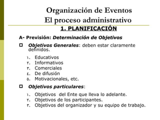 Organización de Eventos
             El proceso administrativo
                    1. PLANIFICACIÓN
A- Previsión: Determinación de Objetivos
   Objetivos Generales: deben estar claramente
    definidos.
    1.   Educativos
    2.   Informativos
    3.   Comerciales
    4.   De difusión
    5.   Motivacionales, etc.
   Objetivos particulares:
    1. Objetivos del Ente que lleva lo adelante.
    2. Objetivos de los participantes.
    3. Objetivos del organizador y su equipo de trabajo.
 