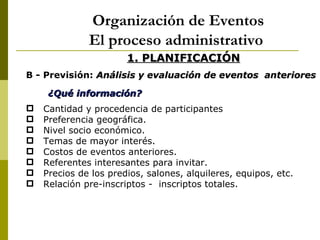 Organización de Eventos
              El proceso administrativo
                       1. PLANIFICACIÓN
B - Previsión: Análisis y evaluación de eventos anteriores

     ¿Qué información?
   Cantidad y procedencia de participantes
   Preferencia geográfica.
   Nivel socio económico.
   Temas de mayor interés.
   Costos de eventos anteriores.
   Referentes interesantes para invitar.
   Precios de los predios, salones, alquileres, equipos, etc.
   Relación pre-inscriptos - inscriptos totales.
 