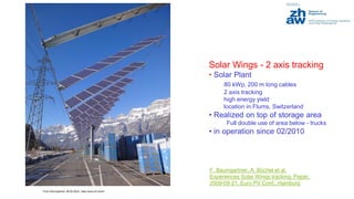 Franz Baumgartner, 08.05.2024; www.zhaw.ch/=bauf/
Solar Wings - 2 axis tracking
• Solar Plant
80 kWp, 200 m long cables
2 axis tracking
high energy yield
location in Flums, Switzerland
• Realized on top of storage area
Full double use of area below - trucks
• in operation since 02/2010
F. Baumgartner, A. Büchel et al.
Experiences Solar Wings tracking; Paper,
2009-09-21, Euro PV Conf., Hamburg
 
