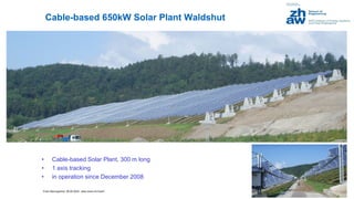 Franz Baumgartner, 08.05.2024; www.zhaw.ch/=bauf/
• Cable-based Solar Plant, 300 m long
• 1 axis tracking
• in operation since December 2008
9
Cable-based 650kW Solar Plant Waldshut
 