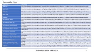 © meteoblue.com 2006-2019 11
FEED NAME API STRING
AGRO-1H: http://my.meteoblue.com/packages/agro-1h?apikey=8vh83gfhu34g&lat=49.7475&lon=13.3776&asl=316&tz=Europe%2FPrague&city=Pilsen
AGRO-DAY : http://my.meteoblue.com/packages/agro-day?apikey=8vh83gfhu34g&lat=49.7475&lon=13.3776&asl=316&tz=Europe%2FPrague&city=Pilsen
BASIC-1H : http://my.meteoblue.com/packages/basic-1h?apikey=8vh83gfhu34g&lat=49.7475&lon=13.3776&asl=316&tz=Europe%2FPrague&city=Pilsen
BASIC-DAY: http://my.meteoblue.com/packages/basic-day?apikey=8vh83gfhu34g&lat=49.7475&lon=13.3776&asl=316&tz=Europe%2FPrague&city=Pilsen
CURRENT: http://my.meteoblue.com/packages/current?apikey=8vh83gfhu34g&lat=49.7475&lon=13.3776&asl=316&tz=Europe%2FPrague&city=Pilsen
METEOGRAM 14DAY: http://my.meteoblue.com/visimage/meteogram_14day?apikey=8vh83gfhu34g&lat=49.7475&lon=13.3776&asl=316&tz=Europe%2FPrague&city=
Pilsen
METEOGRAM AGRO HD: http://my.meteoblue.com/visimage/meteogram_agro_hd?apikey=8vh83gfhu34g&lat=49.7475&lon=13.3776&asl=316&tz=Europe%2FPrague&cit
y=Pilsen
METEOGRAM AGROSOWING: http://my.meteoblue.com/visimage/meteogram_agroSowing?apikey=8vh83gfhu34g&lat=49.7475&lon=13.3776&asl=316&tz=Europe%2FPrague
&city=Pilsen
METEOGRAM AGROSPRAYING: http://my.meteoblue.com/visimage/meteogram_agroSpraying?apikey=8vh83gfhu34g&lat=49.7475&lon=13.3776&asl=316&tz=Europe%2FPragu
e&city=Pilsen
METEOGRAM ENSEMBLE: http://my.meteoblue.com/visimage/meteogram_ens?apikey=8vh83gfhu34g&lat=49.7475&lon=13.3776&asl=316&tz=Europe%2FPrague&city=Pil
sen
METEOGRAM MULTISIMPLE: http://my.meteoblue.com/visimage/meteogram_multiSimple?apikey=8vh83gfhu34g&lat=49.7475&lon=13.3776&asl=316&tz=Europe%2FPrague
&city=Pilsen
METEOGRAM SOIL TRAFFICABILITY: http://my.meteoblue.com/visimage/meteogram_soiltraffic?apikey=8vh83gfhu34g&lat=49.7475&lon=13.3776&asl=316&tz=Europe%2FPrague&ci
ty=Pilsen
PICTOPRINTDAYUVRAIN: http://my.meteoblue.com/visimage/pictoprintDayUvRain?apikey=8vh83gfhu34g&lat=49.7475&lon=13.3776&asl=316&tz=Europe%2FPrague&cit
y=Pilsen
SEASONAL FORECAST (IMAGE): http://my.meteoblue.com/visimage/meteogram_seasonal?apikey=8vh83gfhu34g&lat=49.7475&lon=13.3776&asl=316&tz=Europe%2FPrague&cit
y=Pilsen
WEBMAP: http://my.meteoblue.com/visimage/webmap?apikey=8vh83gfhu34g&lat=49.7475&lon=13.3776&asl=316&tz=Europe%2FPrague&city=Pilsen
Examples for Pilsen
 