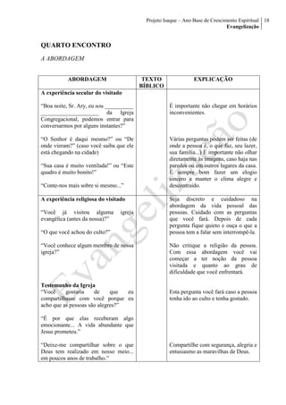 Projeto Isaque – Ano Base de Crescimento Espiritual
Evangelização
18
QUARTO ENCONTRO
A ABORDAGEM
ABORDAGEM TEXTO
BÍBLICO
EXPLICAÇÃO
A experiência secular do visitado
“Boa noite, Sr. Ary, eu sou __________
____________________ da Igreja
Congregacional, podemos entrar para
conversarmos por alguns instantes?”
“O Senhor é daqui mesmo?” ou “De
onde vieram?” (caso você saiba que ele
está chegando na cidade)
“Sua casa é muito ventilada!” ou “Este
quadro é muito bonito!”
“Conte-nos mais sobre si mesmo...”
É importante não chegar em horários
inconvenientes.
Várias perguntas podem ser feitas (de
onde a pessoa é, o que faz, seu lazer,
sua família...) É importante não olhar
diretamente às imagens, caso haja nas
paredes ou em outros lugares da casa.
É sempre bom fazer um elogio
sincero e manter o clima alegre e
descontraído.
A experiência religiosa do visitado
“Você já visitou alguma igreja
evangélica (antes da nossa)?”
“O que você achou do culto?”
“Você conhece algum membro de nossa
igreja?”
Testemunho da Igreja
“Você gostaria de que eu
compartilhasse com você porque eu
acho que as pessoas são alegres?”
“É por que elas receberam algo
emocionante... A vida abundante que
Jesus prometeu.”
“Deixe-me compartilhar sobre o que
Deus tem realizado em nosso meio...
em poucos anos de trabalho.”
Seja discreto e cuidadoso na
abordagem da vida pessoal das
pessoas. Cuidado com as perguntas
que você fará. Depois de cada
pergunta fique quieto e ouça o que a
pessoa tem a falar sem interrompê-la.
Não critique a religião da pessoa.
Com essa abordagem você vai
começar a ter noção da pessoa
visitada e quanto ao grau de
dificuldade que você enfrentará.
Esta pergunta você fará caso a pessoa
tenha ido ao culto e tenha gostado.
Compartilhe com segurança, alegria e
entusiasmo as maravilhas de Deus.
 
