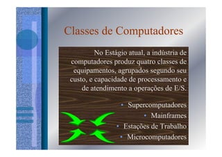 Classes de Computadores
          No Estágio atual, a indústria de
 computadores produz quatro classes de
  equipamentos, agrupados segundo seu
 custo, e capacidade de processamento e
     de atendimento a operações de E/S.

                  • Supercomputadores
                         • Mainframes
                 • Estações de Trabalho
                  • Microcomputadores
 
