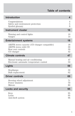 Table of contents 
Introduction 4 
Congratulations 4 
Safety and environment protection 5 
Symbol glossary 8 
Instrument cluster 10 
Warning and control lights 10 
Gauges 14 
Entertainment systems 18 
AM/FM stereo cassette (CD changer compatible) 18 
AM/FM stereo with CD 30 
Rear seat controls 39 
CD changer 42 
Climate controls 47 
Manual heating and air conditioning 47 
Electronic automatic temperature control 50 
Lights 59 
Headlamps 59 
Bulb replacement 62 
Driver controls 69 
Steering wheel adjustment 71 
Power windows 79 
Mirrors 80 
Locks and security 95 
Keys 95 
Locks 95 
Anti-theft system 96 
1 
 