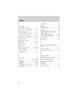 S 
Safety belts 
(see Safety restraints) ...............11 
Safety defects, reporting ..........100 
Safety restraints 
warning light and chime ......9, 11 
Servicing your vehicle ................59 
Spark plugs, specifications ...95, 99 
Special notice ..........................4, 57 
Specification chart, 
lubricants ...............................97, 99 
Speed control ..............................17 
Speedometer ...............................13 
Starting your vehicle ............22–24 
jump starting ............................51 
Steering wheel 
controls ......................................17 
T 
Tachometer .................................14 
Tires .................................48, 90, 92 
changing ....................................48 
replacing ..............................49, 93 
rotating ......................................93 
snow tires and chains ..............94 
tire grades .................................91 
treadwear ..................................90 
Towing .........................................36 
trailer towing ............................36 
wrecker ......................................56 
Transmission ...............................30 
fluid, checking and adding 
(automatic) ...............................86 
fluid, refill capacities ................95 
lubricant specifications ......97, 99 
Trip odometer .............................14 
Turn signal ..................................10 
V 
Vehicle Identification Number 
(VIN) ............................................99 
Vehicle loading ............................34 
Ventilating your vehicle .............26 
W 
Warning chimes ...........................11 
Warning lights (see Lights) .........7 
Water, Driving through ...............33 
Windshield washer fluid 
and wipers 
operation ...................................17 
Wrecker towing ...........................56 
Index 
104 
