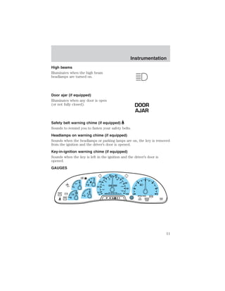 High beams 
Illuminates when the high beam 
headlamps are turned on. 
Door ajar (if equipped) 
Illuminates when any door is open 
(or not fully closed). 
DOOR 
AJAR 
Safety belt warning chime (if equipped) 
Sounds to remind you to fasten your safety belts. 
Headlamps on warning chime (if equipped) 
Sounds when the headlamps or parking lamps are on, the key is removed 
from the ignition and the driver’s door is opened. 
Key-in-ignition warning chime (if equipped) 
Sounds when the key is left in the ignition and the driver’s door is 
opened. 
GAUGES 
F 
E 
C 
H 
H 
L 
18 
LOW 
FUEL 
+ - + - 
50 60 
0 0 0 0 0 0 
0 0 0 
0 
30 
40 
8 P R N 21 
70 
20 
10 
0 
40 
80 
90 
100 
20 
60 
80 100 
120 
140 
180 
MPH km/h BRAKE 
! 
1 
0 
2 
3 
RPMx1000 
4 
5 
6 
SERVICE 
ENGINE 
SOON 
ABS 
FUEL 
RESET 
DOOR 
AJAR 
BRAKE 
Instrumentation 
11 
 