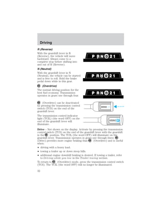 Driving 
R (Reverse) 
With the gearshift lever in R 
(Reverse), the vehicle will move 
backward. Always come to a 
complete stop before shifting into 
and out of R (Reverse). 
N (Neutral) 
With the gearshift lever in N 
(Neutral), the vehicle can be started 
and is free to roll. Hold the brake 
pedal down while in this gear. 
(Overdrive) 
The normal driving position for the 
best fuel economy. Transmission 
operates in gears one through four. 
(Overdrive) can be deactivated 
by pressing the transmission control 
switch (TCS) on the end of the 
OVERDRIVE OFF 
gearshift lever. 
The transmission control indicator 
light (TCIL) (the word OFF) on the 
end of the gearshift lever will 
illuminate. 
Drive – Not shown on the display. Activate by pressing the transmission 
control switch (TCS) on the end of the gearshift lever with the gearshift 
in the position. The TCIL (the word OFF) will illuminate on the 
gearshift lever. Transmission operates in gears one through three. 
(Drive) provides more engine braking than (Overdrive) and is useful 
when: 
• driving with a heavy load. 
• towing a trailer up or down steep hills. 
• additional engine downhill braking is desired. If towing a trailer, refer 
to Driving while you tow in the Trailer towing section. 
OVERDRIVE 
To return to (Overdrive) mode, press the transmission control switch 
(TCS). The TCIL (the word OFF) will no longer be illuminated. 
32 
 