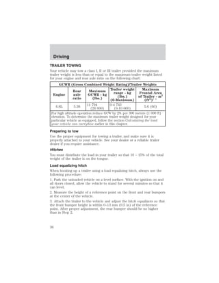 Driving 
TRAILER TOWING 
Your vehicle may tow a class I, II or III trailer provided the maximum 
trailer weight is less than or equal to the maximum trailer weight listed 
for your engine and rear axle ratio on the following chart: 
GCWR (Gross Combined Weight Rating)/Trailer Weights 
Engine 
Rear 
axle 
ratio 
Maximum 
GCWR - kg 
(lbs.) 
Trailer weight 
range - kg 
(lbs.) 
(0-Maximum) 
Maximum 
Frontal Area 
of Trailer - m2 
(ft2)2 2 
6.8L 5.38 11 794 
(26 000) 
0-4 763 
(0-10 000) 5.6 (60) 
For high altitude operation reduce GCW by 2% per 300 meters (1 000 ft) 
elevation. To determine the maximum trailer weight designed for your 
particular vehicle as equipped, follow the section Calculating the load 
your vehicle can carry/tow earlier in this chapter. 
Preparing to tow 
Use the proper equipment for towing a trailer, and make sure it is 
properly attached to your vehicle. See your dealer or a reliable trailer 
dealer if you require assistance. 
Hitches 
You must distribute the load in your trailer so that 10 – 15% of the total 
weight of the trailer is on the tongue. 
Load equalizing hitch 
When hooking up a trailer using a load equalizing hitch, always use the 
following procedure: 
1. Park the unloaded vehicle on a level surface. With the ignition on and 
all doors closed, allow the vehicle to stand for several minutes so that it 
can level. 
2. Measure the height of a reference point on the front and rear bumpers 
at the center of the vehicle. 
3. Attach the trailer to the vehicle and adjust the hitch equalizers so that 
the front bumper height is within 0–13 mm (0.5 in) of the reference 
point. After proper adjustment, the rear bumper should be no higher 
than in Step 2. 
36 
 