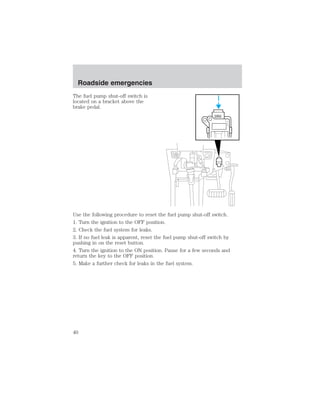 Roadside emergencies 
The fuel pump shut-off switch is 
located on a bracket above the 
brake pedal. 
Use the following procedure to reset the fuel pump shut-off switch. 
1. Turn the ignition to the OFF position. 
2. Check the fuel system for leaks. 
3. If no fuel leak is apparent, reset the fuel pump shut-off switch by 
pushing in on the reset button. 
4. Turn the ignition to the ON position. Pause for a few seconds and 
return the key to the OFF position. 
5. Make a further check for leaks in the fuel system. 
40 
 