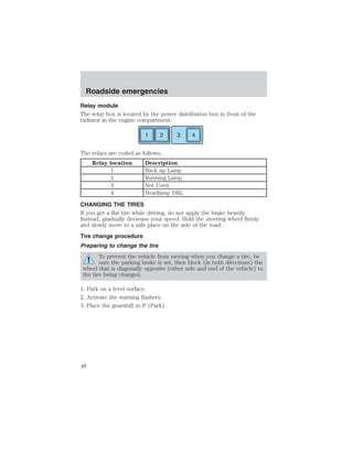 Roadside emergencies 
Relay module 
The relay box is located by the power distribution box in front of the 
radiator in the engine compartment. 
1 2 3 4 
The relays are coded as follows: 
Relay location Description 
1 Back up Lamp 
2 Running Lamp 
3 Not Used 
4 Headlamp DRL 
CHANGING THE TIRES 
If you get a flat tire while driving, do not apply the brake heavily. 
Instead, gradually decrease your speed. Hold the steering wheel firmly 
and slowly move to a safe place on the side of the road. 
Tire change procedure 
Preparing to change the tire 
To prevent the vehicle from moving when you change a tire, be 
sure the parking brake is set, then block (in both directions) the 
wheel that is diagonally opposite (other side and end of the vehicle) to 
the tire being changed. 
1. Park on a level surface. 
2. Activate the warning flashers. 
3. Place the gearshift in P (Park). 
48 
 