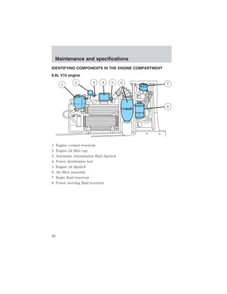 Maintenance and specifications 
IDENTIFYING COMPONENTS IN THE ENGINE COMPARTMENT 
6.8L V10 engine 
1. Engine coolant reservoir 
2. Engine oil filler cap 
3. Automatic transmission fluid dipstick 
4. Power distribution box 
5. Engine oil dipstick 
6. Air filter assembly 
7. Brake fluid reservoir 
8. Power steering fluid reservoir 
60 
 