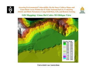 Assessing Environmental Vulnerability On the Inner Caldera Slopes and
Llano Basin Areas Within the El Teide National Park by Evaluating
Abiotic and Biotic Parameters Using Field Data, GIS, and Remote Sensing.
GIS Mapping: Llano Del Cedro 3D Oblique View
Universiteit van Amsterdam
 