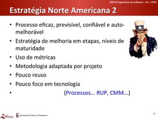[if977]	
  Engenharia	
  de	
  So-ware	
  -­‐	
  CIn	
  -­‐	
  UFPE	
  	
  


Estratégia	
  Norte	
  Americana	
  2	
  
•  Processo	
  eﬁcaz,	
  previsível,	
  conﬁável	
  e	
  auto-­‐
   melhorável	
  
•  Estratégia	
  de	
  melhoria	
  em	
  etapas,	
  níveis	
  de	
  
   maturidade	
  
•  Uso	
  de	
  métricas	
  
•  Metodologia	
  adaptada	
  por	
  projeto	
  
•  Pouco	
  reuso	
  
•  Pouco	
  foco	
  em	
  tecnologia	
  
•  	
  	
  	
  	
  	
  	
  	
  	
  	
  	
  	
  	
  	
  	
  	
  	
  	
  	
  	
  	
  	
  	
  	
  	
  	
  	
  	
  	
  	
  	
  	
  	
  	
  	
  	
  (Processos...	
  RUP,	
  CMM...)	
  


                                                                                                                                                                                                                     22	
  
 