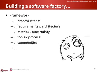 [if977]	
  Engenharia	
  de	
  So-ware	
  -­‐	
  CIn	
  -­‐	
  UFPE	
  	
  


Building	
  a	
  so-ware	
  factory...	
  
•  Framework:	
  
   –  ...	
  process	
  x	
  team	
  
   –  ...	
  requirements	
  x	
  architecture	
  
   –  ...	
  metrics	
  x	
  uncertainty	
  
   –  ...	
  tools	
  x	
  process	
  
   –  ...	
  communi-es	
  
   –  ...	
  




                                                                                                                        27	
  
 