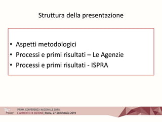Struttura della presentazione
• Aspetti metodologici
• Processi e primi risultati – Le Agenzie
• Processi e primi risultati - ISPRA
 