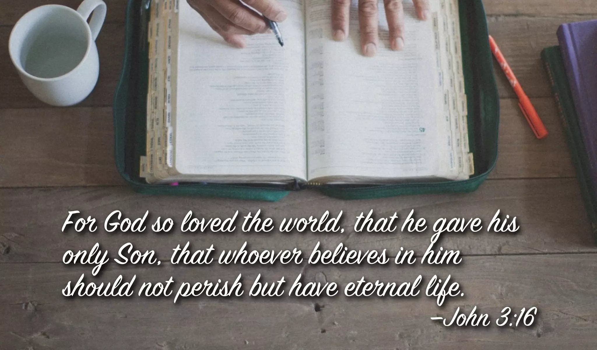 For God so loved the world, that he gave his
only Son, that whoever believes in him
should not perish but have eternal life.
—John 3:16
 