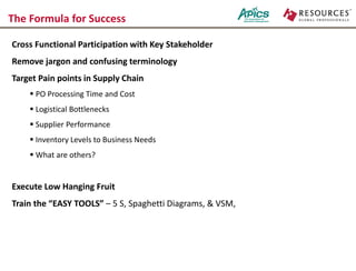 The Formula for Success
Cross Functional Participation with Key Stakeholder
Remove jargon and confusing terminology
Target Pain points in Supply Chain
 PO Processing Time and Cost
 Logistical Bottlenecks
 Supplier Performance
 Inventory Levels to Business Needs
 What are others?
Execute Low Hanging Fruit
Train the “EASY TOOLS” – 5 S, Spaghetti Diagrams, & VSM,
 