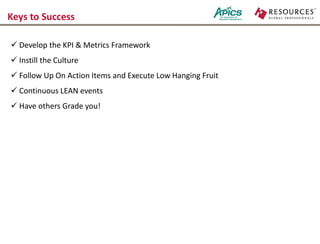 Keys to Success
 Develop the KPI & Metrics Framework
 Instill the Culture
 Follow Up On Action Items and Execute Low Hanging Fruit
 Continuous LEAN events
 Have others Grade you!
 