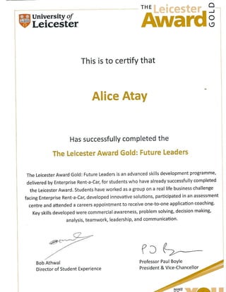 Leicester Award Gold Certificate